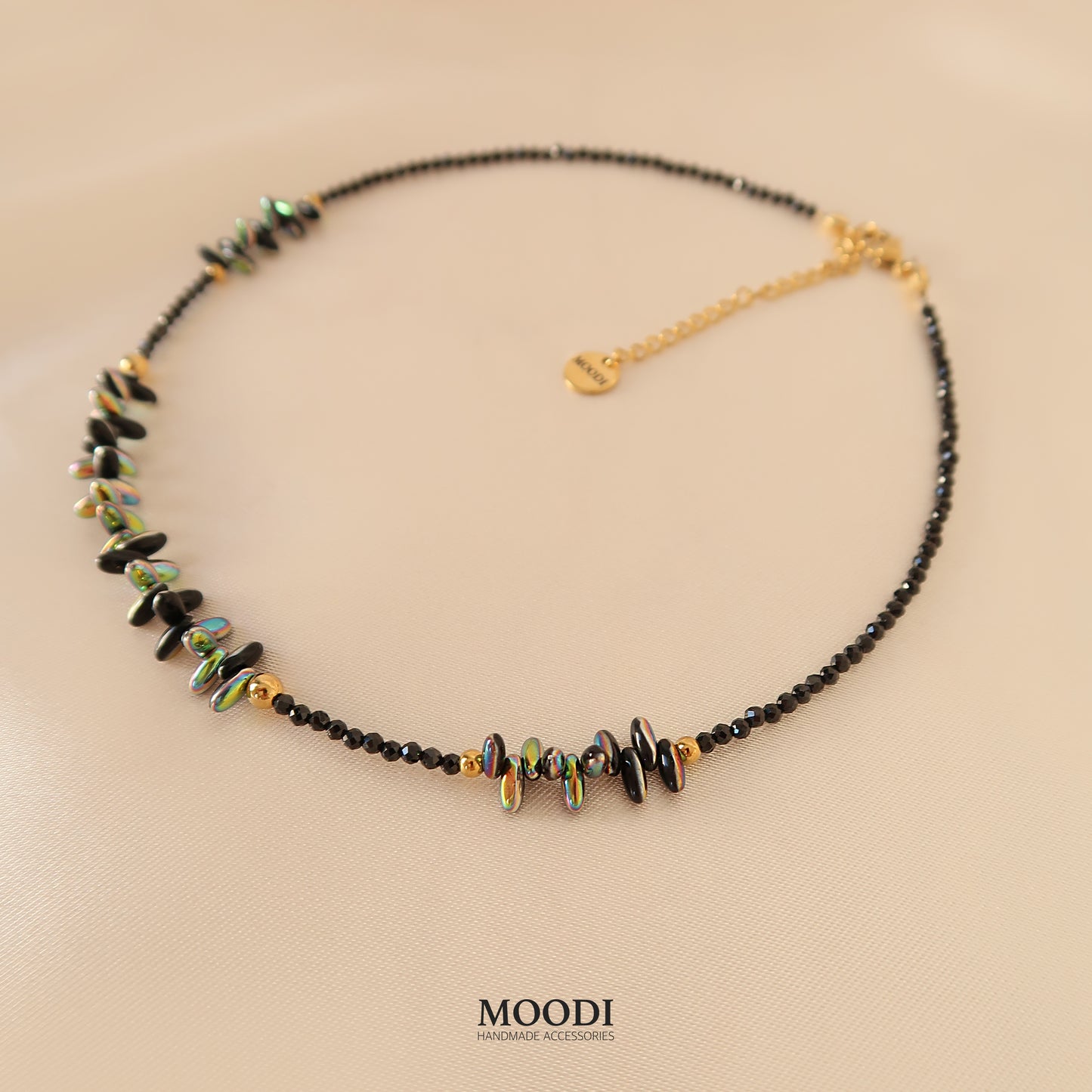 Necklace "Fireflies" with black Spinel crystals