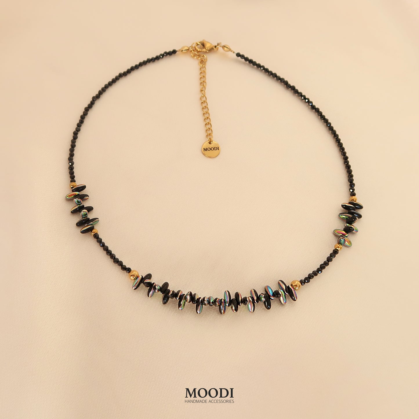 Necklace "Fireflies" with black Spinel crystals