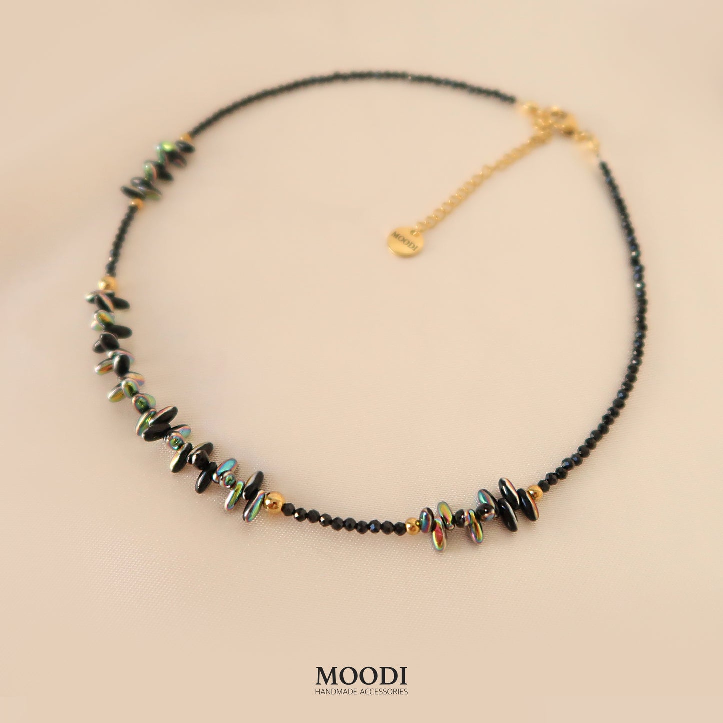 Necklace "Fireflies" with black Spinel crystals