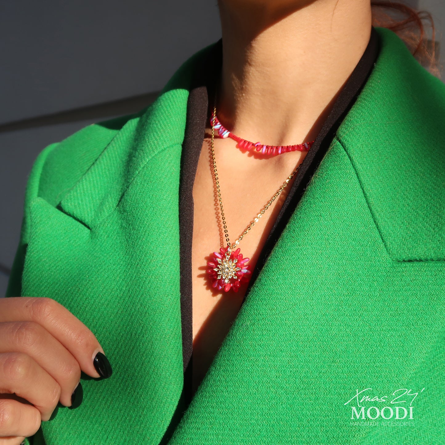 Long necklace "Red Velvet" with snowflake pendant